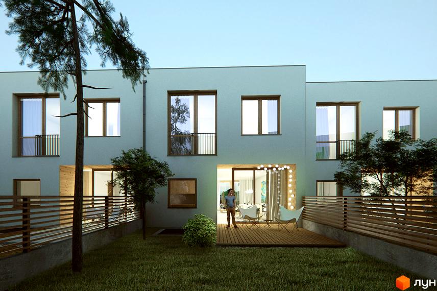 Котеджне містечко КМ TownHouse Park. Зовнішній вигляд сучасних таунхаусів з великими вікнами та дерев'яною терасою, зелена прибудинкова територія з огорожею.