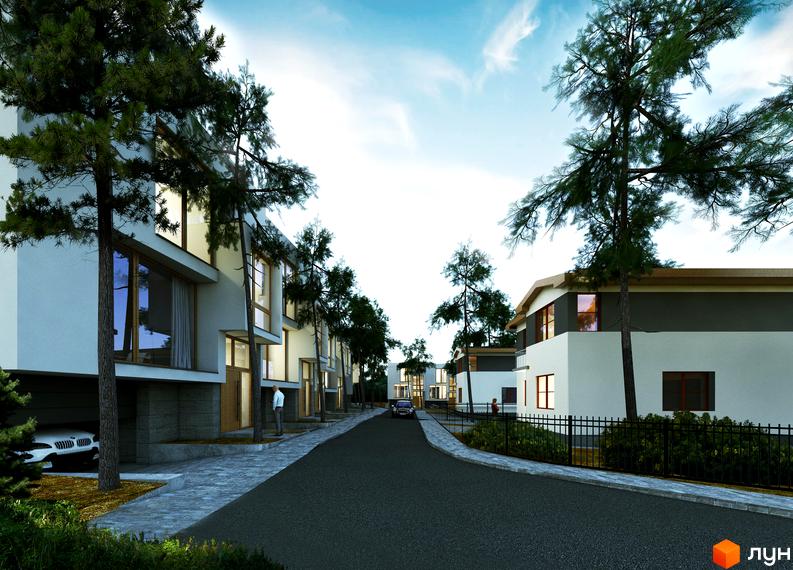 Котеджне містечко КМ TownHouse Park з білими фасадами та великими вікнами, розташоване вздовж асфальтованої дороги з зеленими деревами та доглянутою прибудинковою територією.