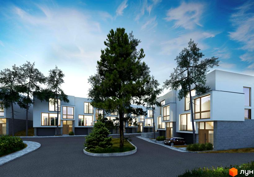 Котеджне містечко КМ TownHouse Park. Зовнішній вигляд будинків з великими вікнами та прибудинкова територія з деревами та дорогою.