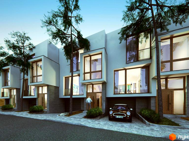 Котеджне містечко КМ TownHouse Park: фасад будинку з великими вікнами та балконами, прибудинкова територія з деревами та автомобілем.