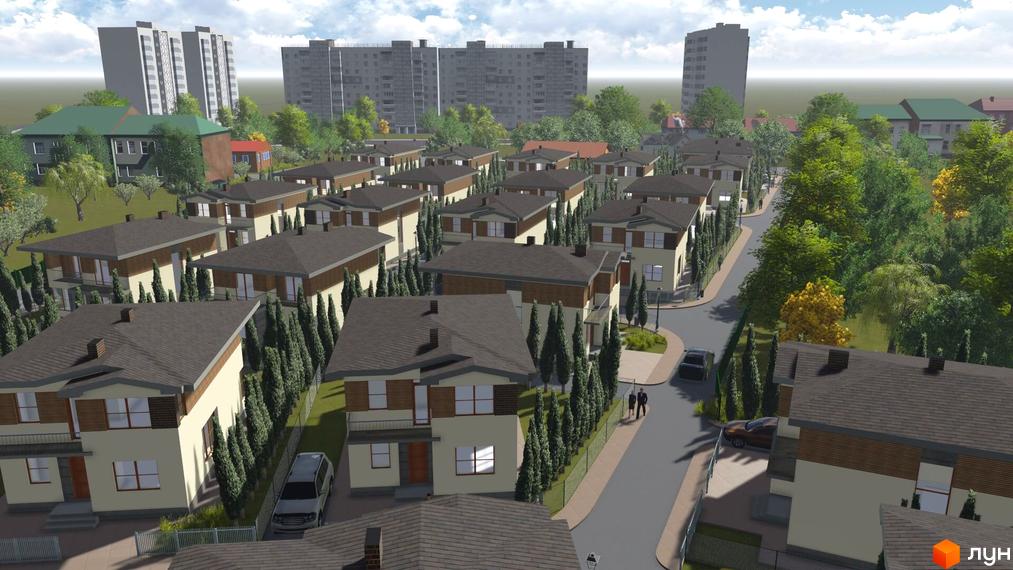 Котеджне містечко КМ TownHouse Park: двоповерхові будинки з темними дахами та світлими фасадами, оточені туями та деревами. На території комплексу прокладені дороги та є припарковані автомобілі.