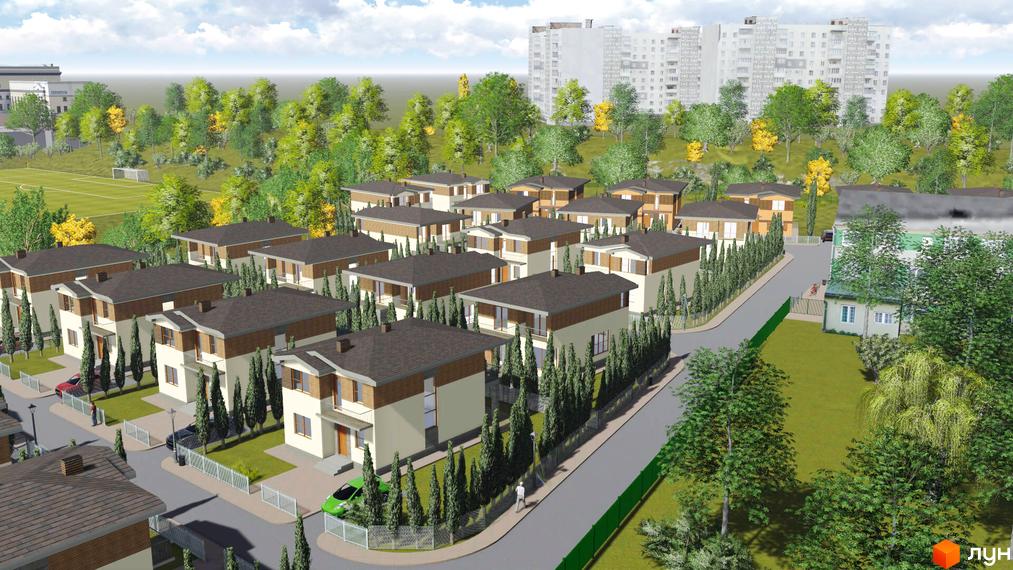 Котеджне містечко КМ TownHouse Park: двоповерхові будинки з коричневими дахами та світлими фасадами, оточені зеленими насадженнями та огородженою територією.