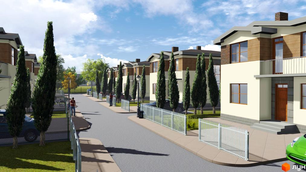 Котеджне містечко КМ TownHouse Park: двоповерхові будинки з дерев'яними елементами та парканом, доглянута прибудинкова територія з деревами та дорогою.