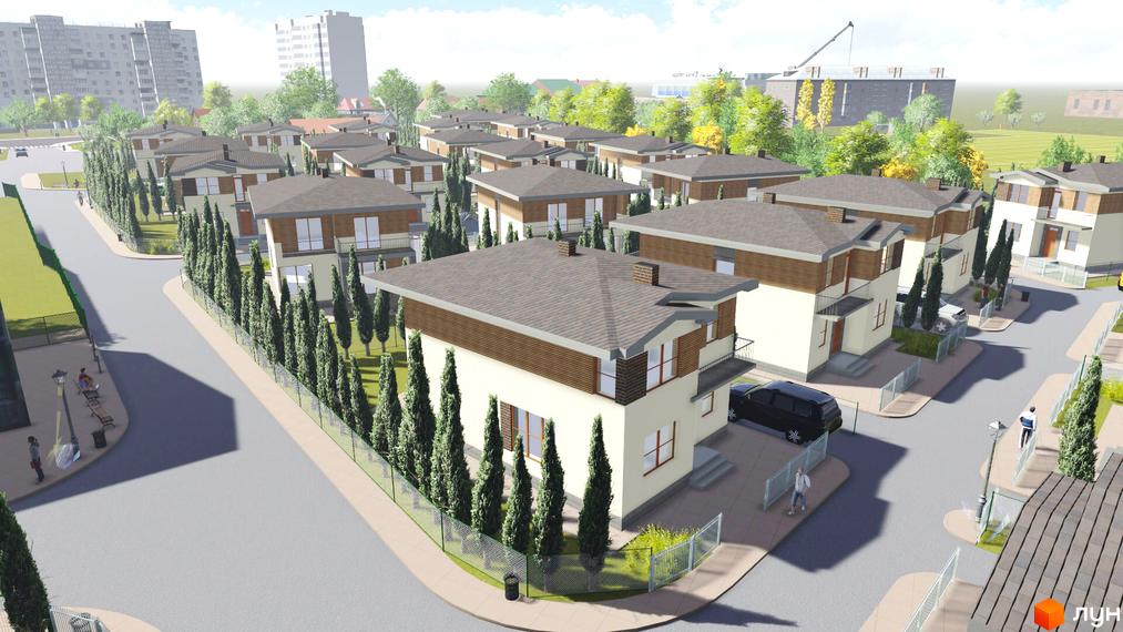 Котеджне містечко КМ TownHouse Park: двоповерхові будинки з коричневими дахами та білими фасадами, оточені зеленими туями та парканом. На території є дороги, тротуари та автомобілі.