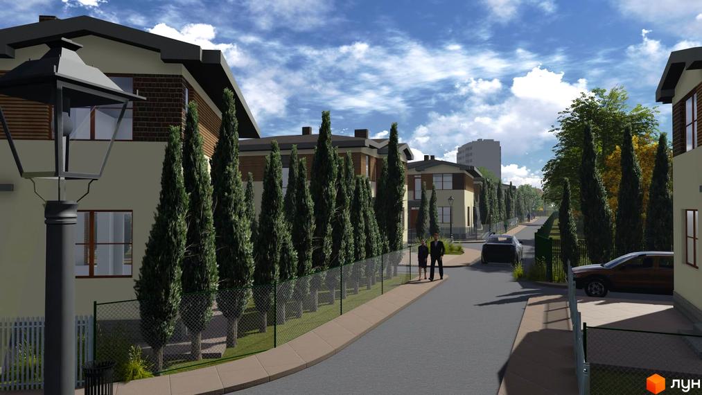 Котеджне містечко КМ TownHouse Park. Зовнішній вигляд будинків та вулиця з деревами та людьми.