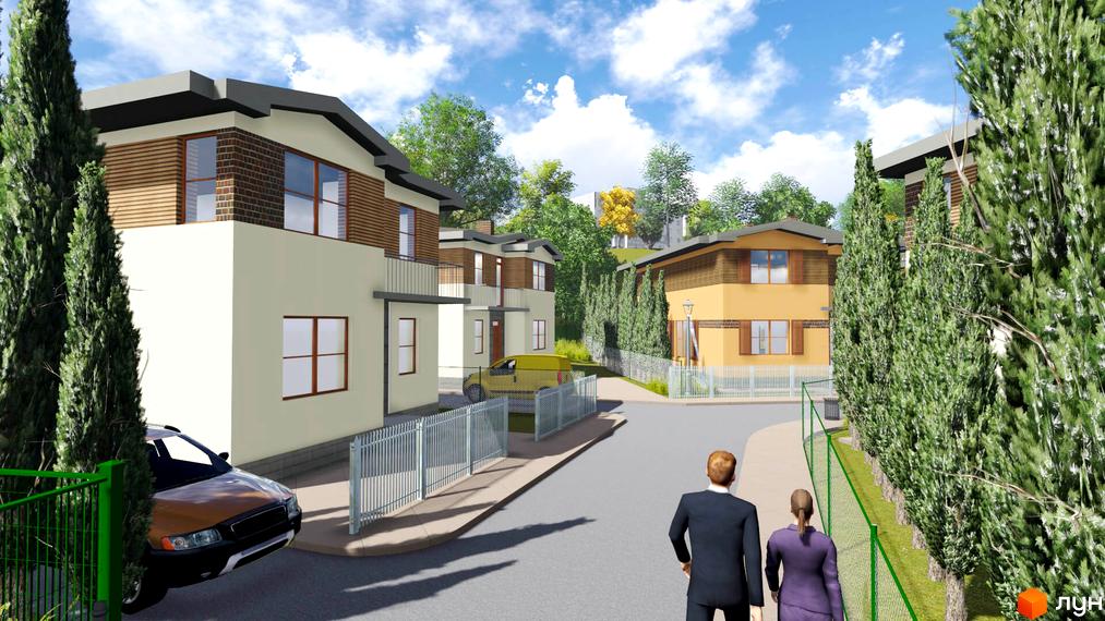 Котеджне містечко КМ TownHouse Park: двоповерхові будинки з цегляними та дерев'яними фасадами, огороджена територія з деревами та дорогою.