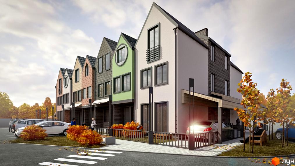 Таунхауси New Smart 4: ряд будинків з різнокольоровими фасадами та скатними дахами, з автомобілями та осінніми деревами на прибудинковій території.