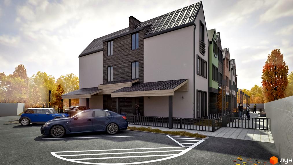 Таунхауси New Smart 4 з багаторівневими дахами та комбінованими фасадами, поруч парковка та осінні дерева.