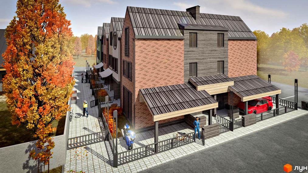 Таунхауси New Smart 4 з цегляними та дерев'яними фасадами, темними металевими дахами. Прибудинкова територія з мощеними доріжками та осінніми деревами.