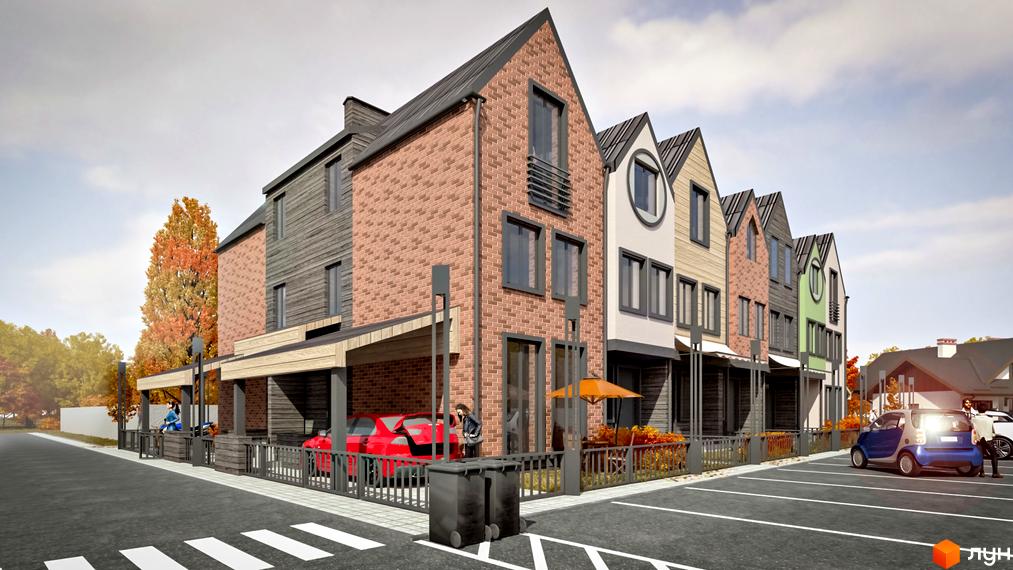 Таунхауси New Smart 4 з різнокольоровими фасадами та скатними дахами. Перед будинками облаштовані паркувальні місця та зелені зони.