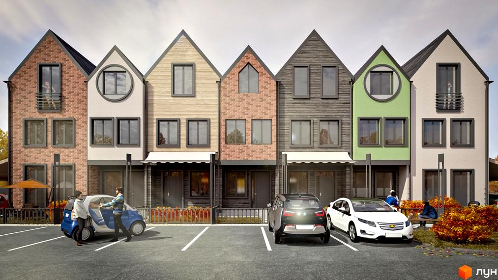 Таунхауси New Smart 4: ряд будинків з різнокольоровими фасадами та вікнами різних форм. На передньому плані парковка з автомобілями та люди.