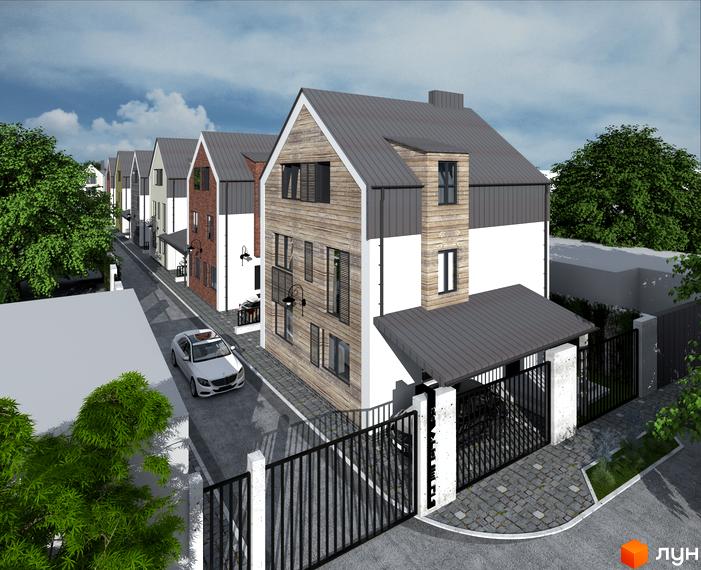 Зовнішній вигляд дуплексів New Smart 5 з дерев'яними та білими фасадами, сірими дахами та кованими огорожами. На території комплексу розташована дорога та зелені насадження.