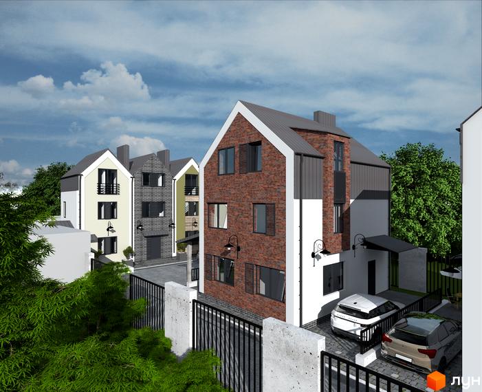 Житловий комплекс New Smart 5: фасади будинків з цегляним оздобленням та прибудинкова територія з автомобілями.