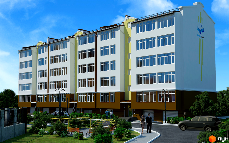 Зовнішній вигляд багатоповерхового будинку ЖК Будинок на Пожарського з великою кількістю вікон та прибудинковою територією з ландшафтним дизайном, лавками та деревами.