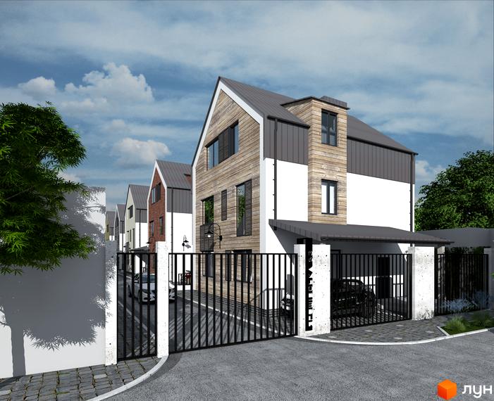 Новобудова Дуплекси New Smart 5 з дерев'яним фасадом та сірим дахом, огороджена територія з парканом та воротами.
