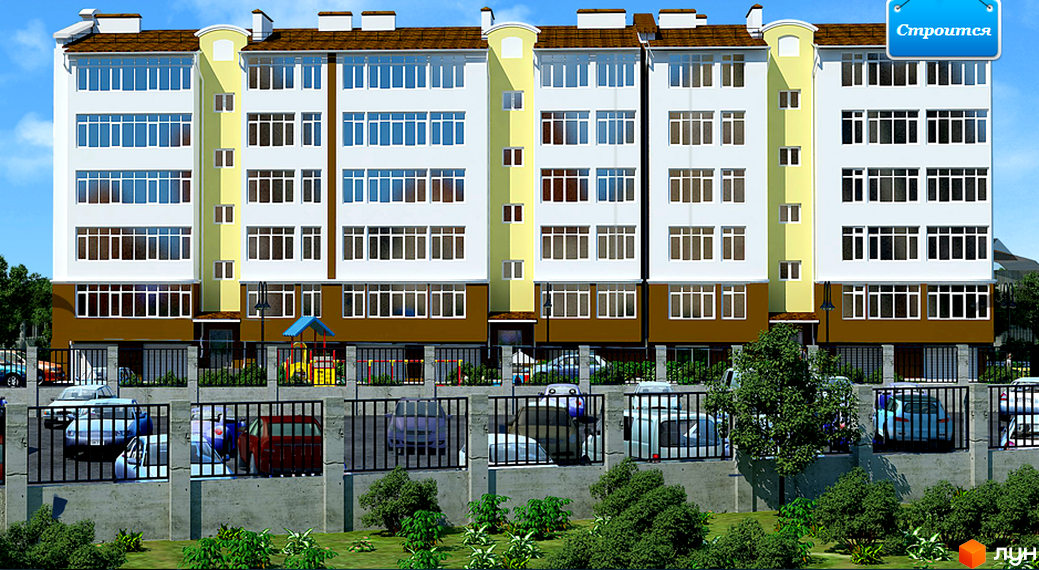 Житловий комплекс Будинок на Пожарського – це багатоповерховий будинок з біло-жовтим фасадом. Перед будинком розташовані дитячий майданчик та автомобілі.