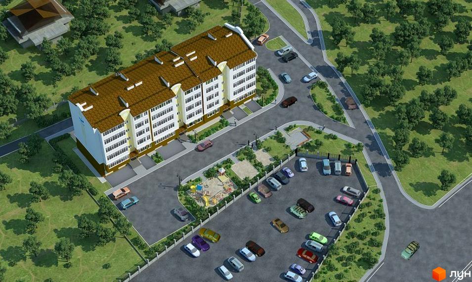 Житловий комплекс Будинок на Пожарського – це сучасна новобудова з коричневим дахом та біло-жовтим фасадом. На прибудинковій території розташовані парковка та дитячий майданчик.