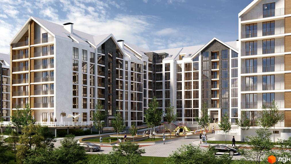 Зображення комплексу Гостомель Residence: багатоповерхові будинки з білими стінами та темними вставками. На території дитячий майданчик, зелені насадження.