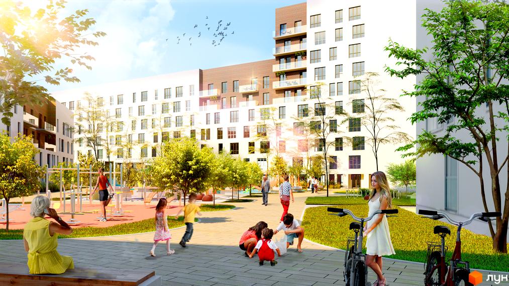 Житловий комплекс Малоголосківські пагорби. Зовнішній вигляд будівель та прибудинкова територія з місцями для відпочинку та дитячими майданчиками.