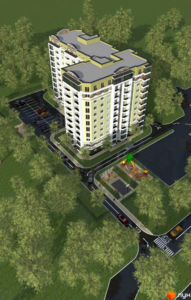 Зовнішній вигляд багатоповерхового житлового комплексу з жовтою обробкою даху та балконами, поруч розташована дитяча площадка та парковка.