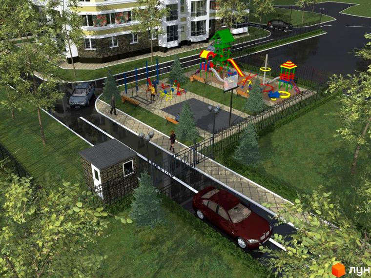 Зовнішній вигляд будинку житлового комплексу на вулиці Миру, 18в, з дитячим майданчиком та автомобілями на прибудинковій території.