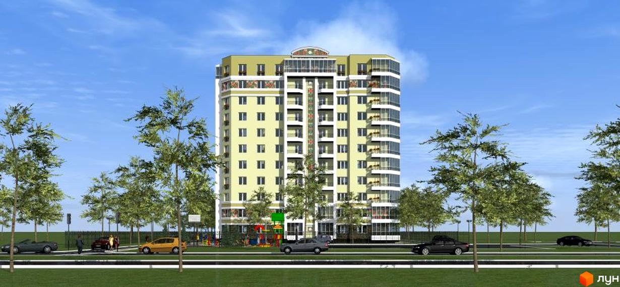 Зовнішній вигляд багатоповерхового житлового комплексу на вул. Миру, 18в, з прибудинковою територією та деревами.