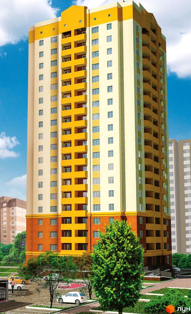 Новобудова на вул. Булгакова, 13 з жовто-бежевим фасадом та балконами. Прибудинкова територія з деревами та автомобілями.