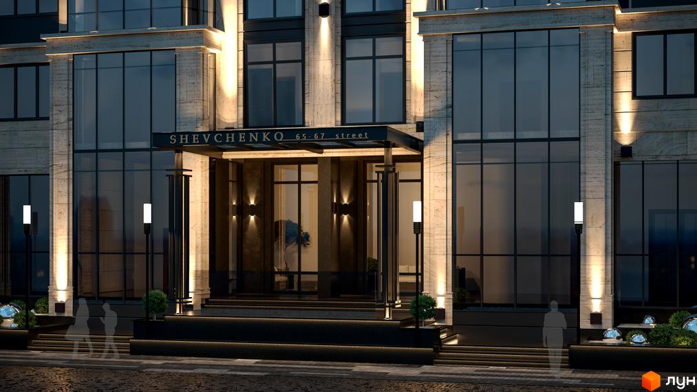 Житловий комплекс Royal Hall: фасадна частина будівлі з підсвіткою та вхідною групою. Територія біля будинку з ліхтарями та зеленими насадженнями.