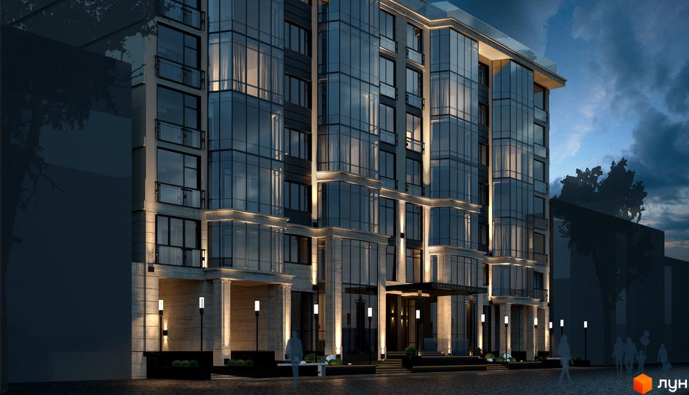 Житловий комплекс Royal Hall з панорамним склінням та підсвічуванням фасаду вночі. Біля будинку розташовані ліхтарі та зелені насадження.