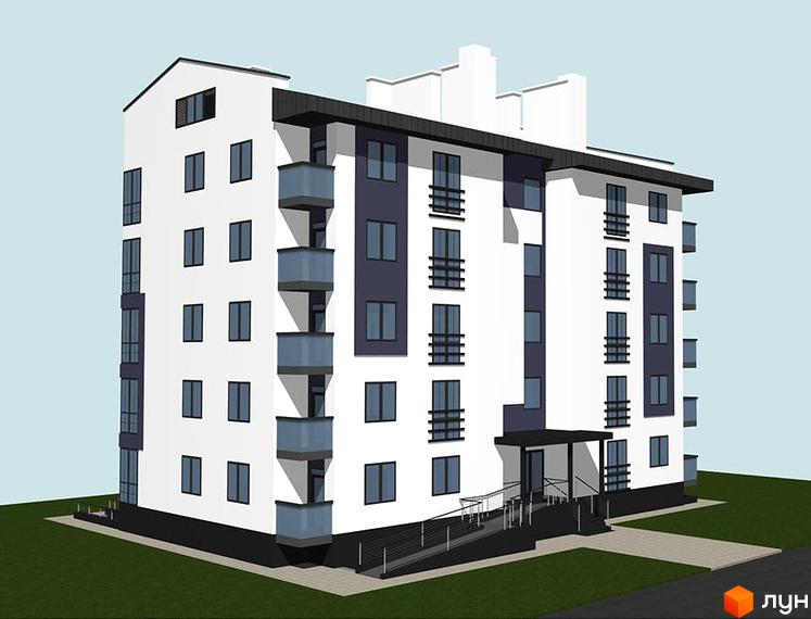 Зовнішній вигляд новобудови ЖК Сімейна фортеця. Щастя з балконами та великими вікнами. Прибудинкова територія з пандусом та зеленими насадженнями.