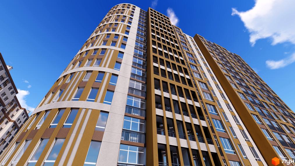 Житловий комплекс Променада: висотна будівля з вигнутим фасадом, коричневими та світлими елементами. Видно численні вікна на тлі неба.