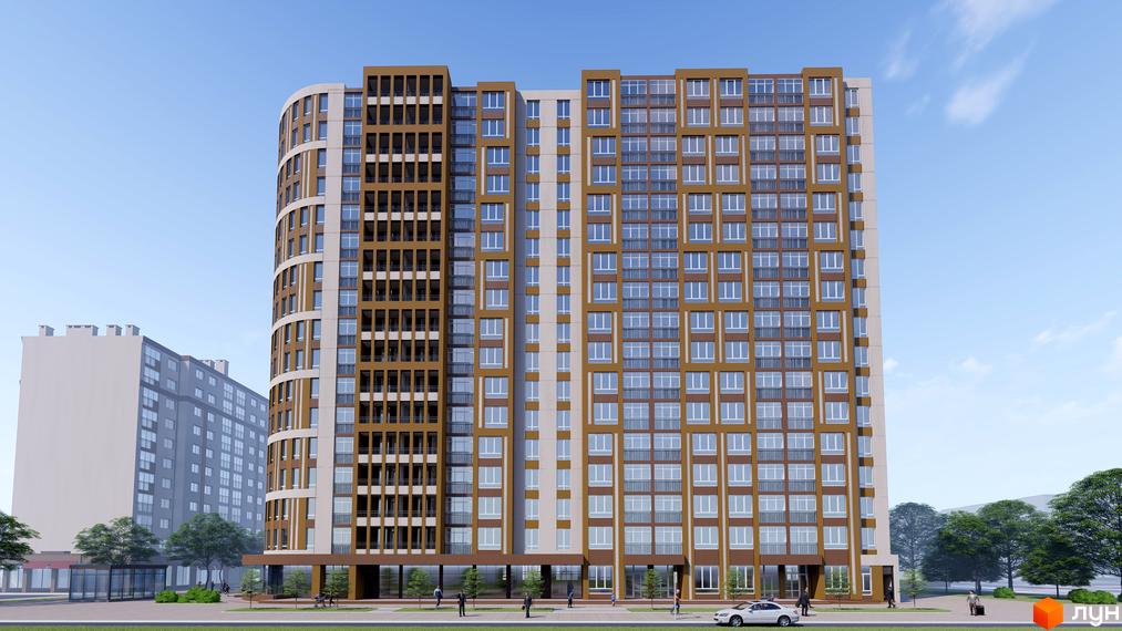 Новобудова Променада: багатоповерховий будинок з коричневими та світлими фасадами, великими вікнами. Навколо є зелені насадження та пішохідна зона.