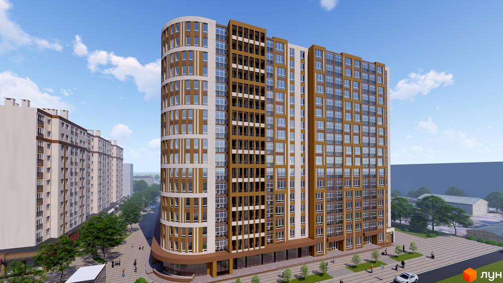 Житловий комплекс Променада має багатоповерхову будівлю з вигнутим фасадом, виконану в коричневих та світлих тонах. Перед будинком розташована пішохідна зона з деревами.