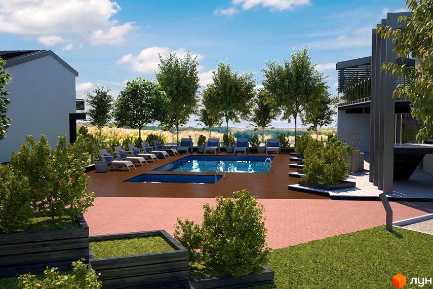 Клубне містечко „Троянда на Граніті“ з басейном та зоною відпочинку. Зовнішній вигляд будинків та прибудинкової території.