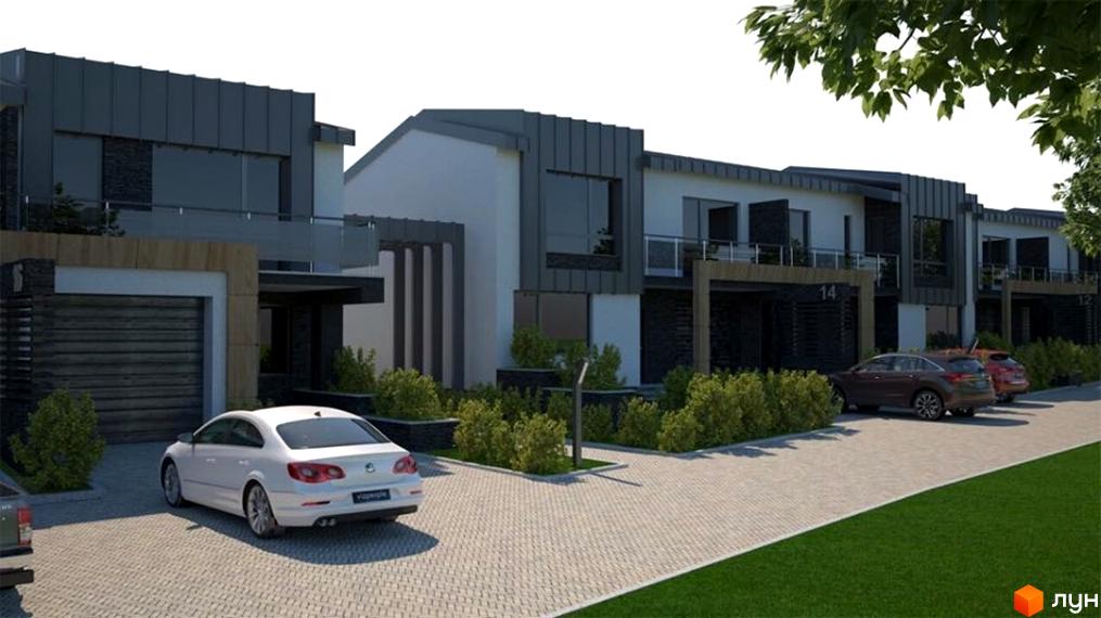 Зовнішній вигляд будинків клубного містечка „Троянда на Граніті“ з сучасним дизайном та прибудинковою територією з автомобілями та зеленими насадженнями.