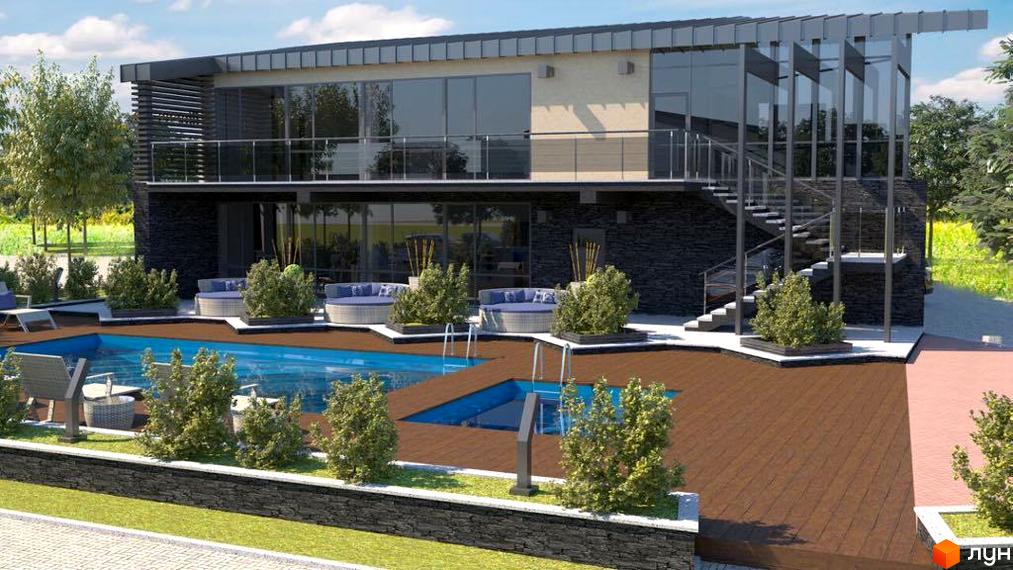 Клубне містечко „Троянда на Граніті“: двоповерховий будинок з панорамними вікнами та басейном на території. Зовнішній вигляд новобудови з басейном та зоною відпочинку.
