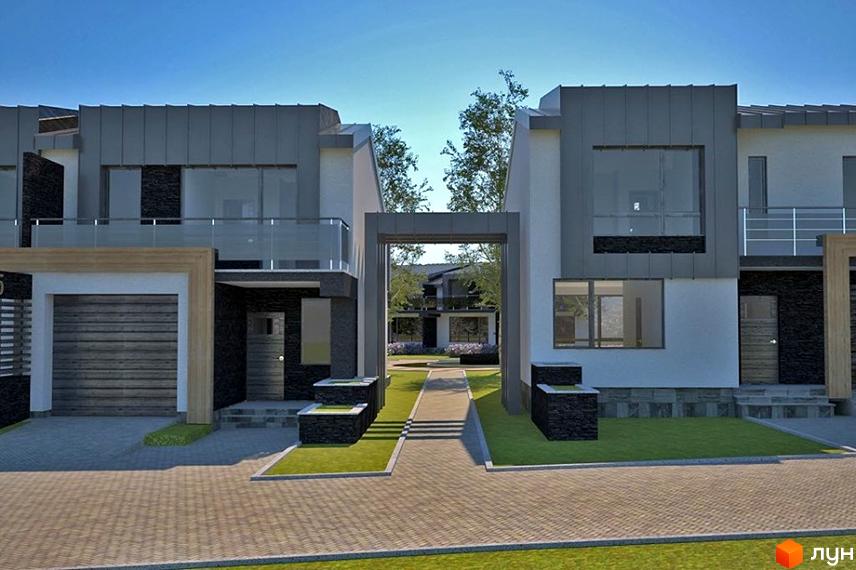 Зовнішній вигляд будинків клубного містечка „Троянда на Граніті“ з гаражами та внутрішнім подвір'ям з доріжками та газоном.