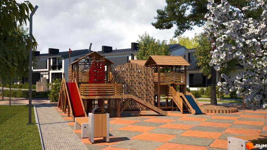 Клубне містечко „Троянда на Граніті“: дитячий майданчик з дерев'яними конструкціями та гірками на тлі сучасних будинків. Прибудинкова територія з бруківкою та зеленими насадженнями.