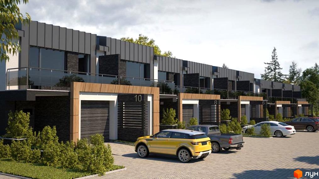 Котеджне містечко „Троянда на Граніті“: фасади будинків з панорамними вікнами та гаражами, прибудинкова територія з паркуванням та зеленими насадженнями.