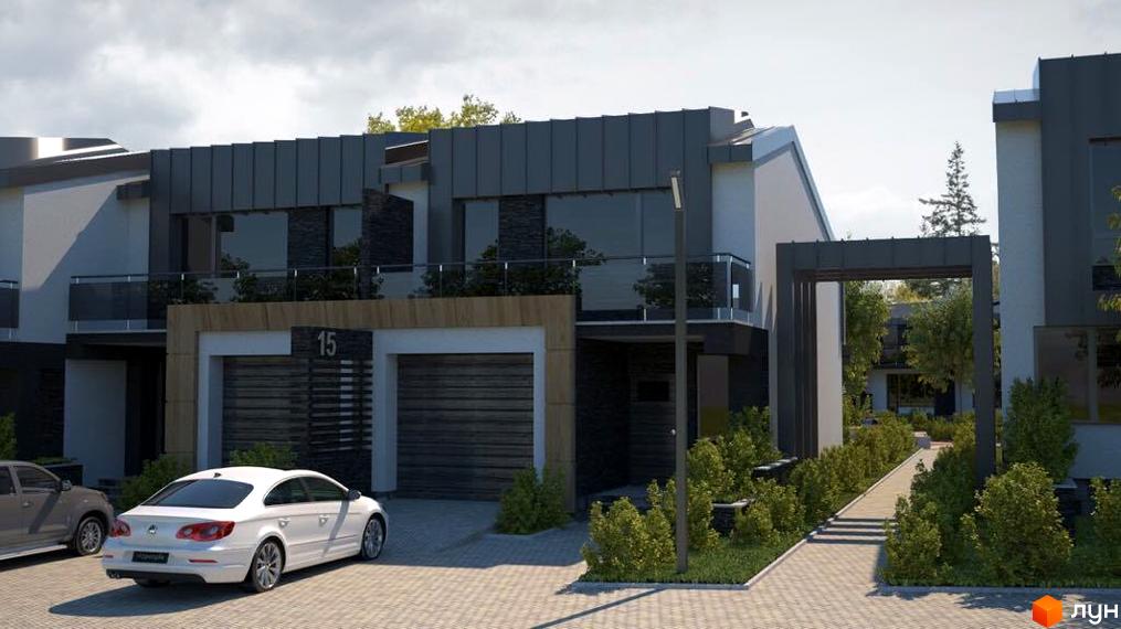 Клубне містечко „Троянда на Граніті“ з сучасними будинками та доглянутою прибудинковою територією. На території комплексу розташовані автомобілі та пішохідні доріжки.