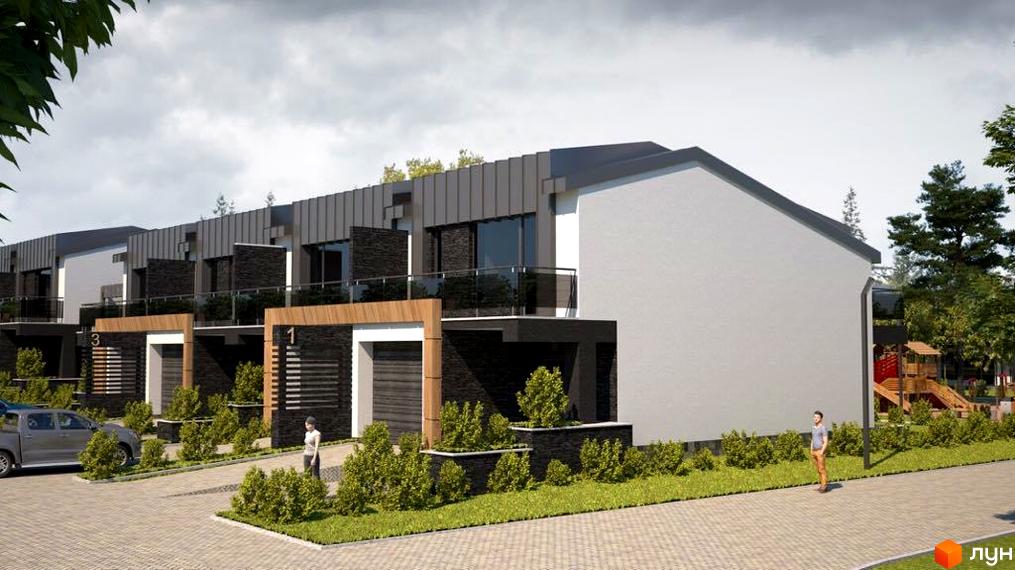 Клубне містечко „Троянда на Граніті“: сучасні таунхауси з кам'яним оздобленням фасадів, великими вікнами та індивідуальними гаражами. Прибудинкова територія з зеленими насадженнями та дитячим майданчиком.