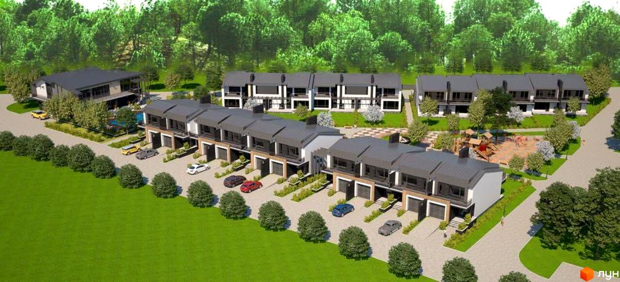 Клубне містечко „Троянда на Граніті“: сучасні таунхауси з гаражами та прибудинковою територією з дитячим майданчиком.