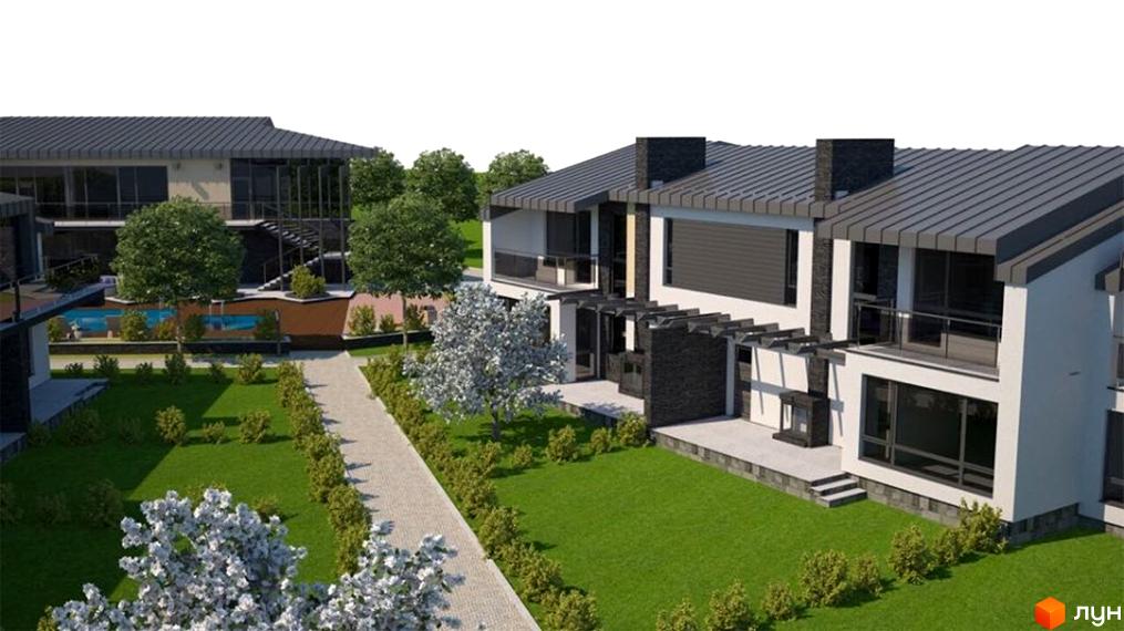 Котеджне містечко „Троянда на Граніті“: двоповерхові будинки з пласкими дахами та великими вікнами, зелена галявина та доріжка.