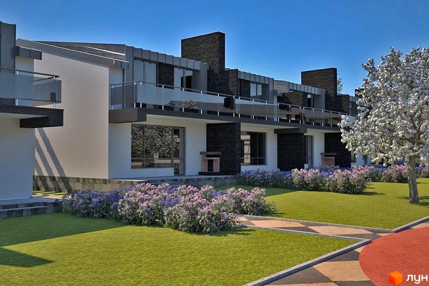 Клубне містечко „Троянда на Граніті“ з фасадами з темного каменю та білої штукатурки, балконами зі скляними огорожами та доглянутою прибудинковою територією з газоном і квітами.