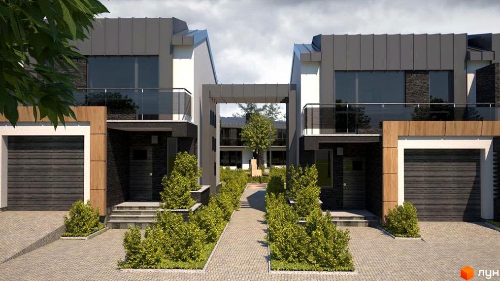 Клубне містечко „Троянда на Граніті“: фасади будинків з гаражами та дерев'яними елементами, доріжка з бруківки та зелені насадження. Зовнішній вигляд новобудови та прибудинкової території.