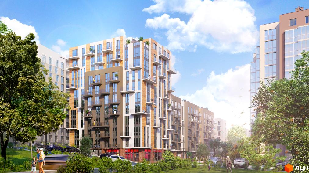 Житловий комплекс OBRIY3 – це сучасна новобудова з балконами та панорамними вікнами, оточена зеленою прибудинковою територією та деревами.