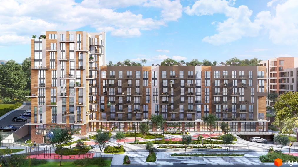 Зовнішній вигляд ЖК OBRIY3 з фасадами з дерева та сірих панелей, балконами та великими вікнами. Прибудинкова територія з зеленими насадженнями та пішохідними зонами.