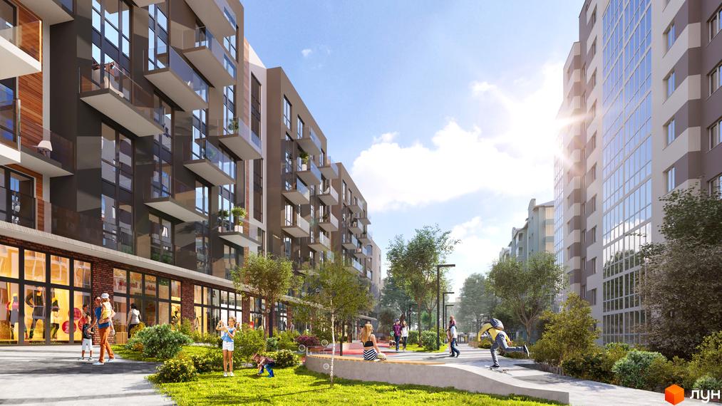 Житловий комплекс OBRIY3 з фасадами з панорамними вікнами та балконами, зеленою прибудинковою територією та місцями для відпочинку.