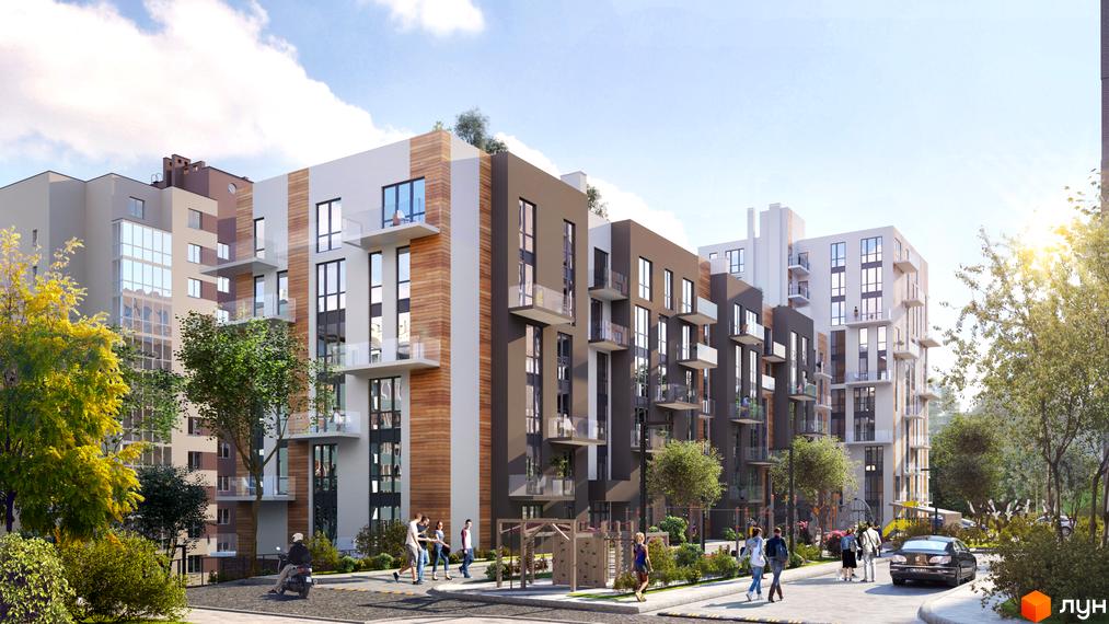 Новобудова ЖК OBRIY3 з дерев'яними елементами та скляними балконами, поруч дитячий майданчик та зелена зона.