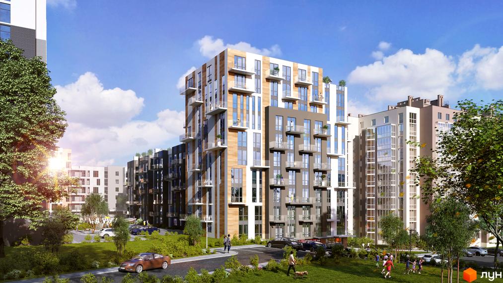 Житловий комплекс OBRIY3 з фасадами, оздобленими деревом та склом, з балконами та прибудинковою територією з зеленими зонами та дитячим майданчиком.